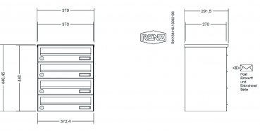 RENZ Briefkastenanlage, Aufputz, Classic Basic B, Edelstahl V4A, Kastenformat 370x110x270mm, 4-teilig